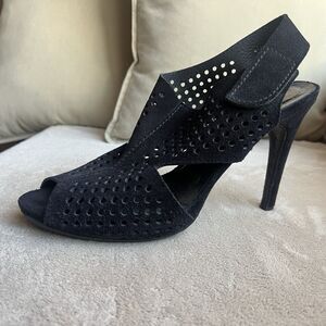 Pedro Garcia Black Suede Perforated Slingback Heeled Sandals Women EU 41 US 9.5‎